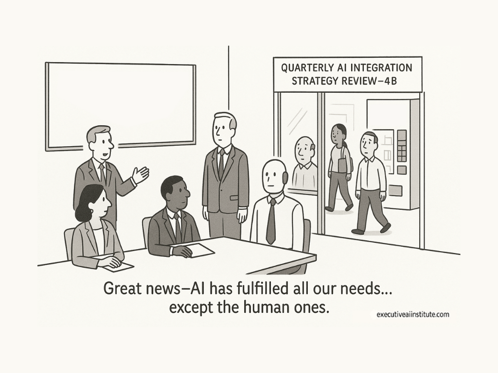 People in a meeting room discuss AI integration. A sign reads "Quarterly AI Integration Strategy Review—4B." A humorous text below notes unmet human needs.