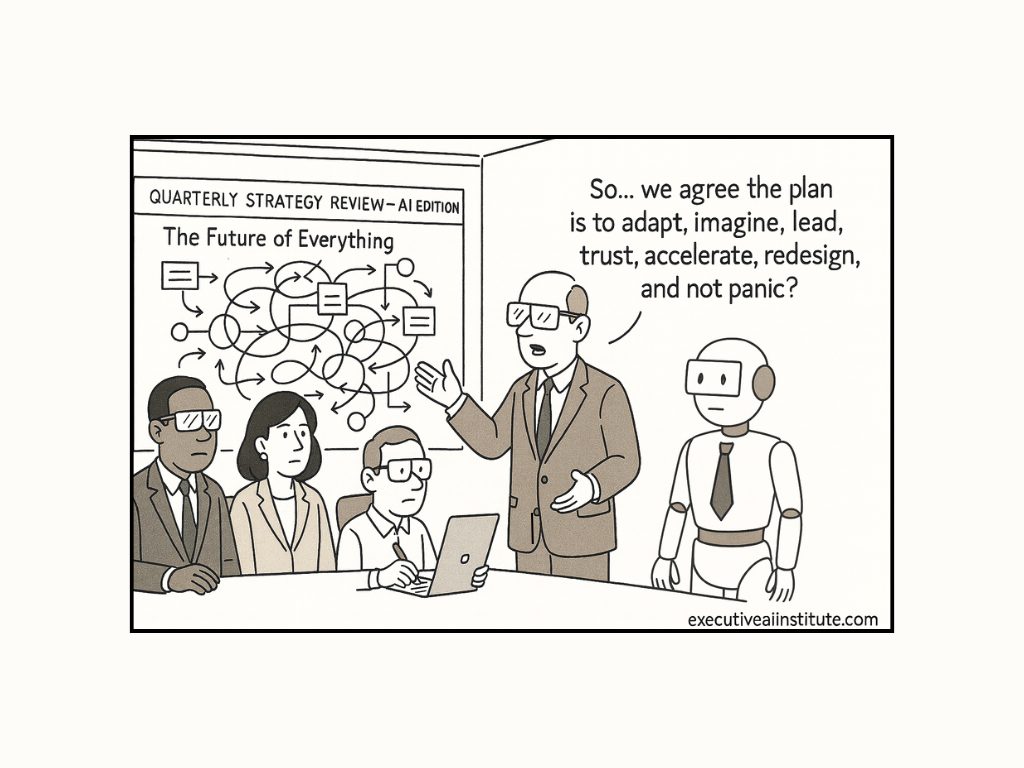 Four people and a robot in a meeting room. A man gestures at a screen titled "The Future of Everything" with complex diagrams. Text: "So... we agree the plan is to adapt, imagine, lead, trust, accelerate, redesign, and not panic?"