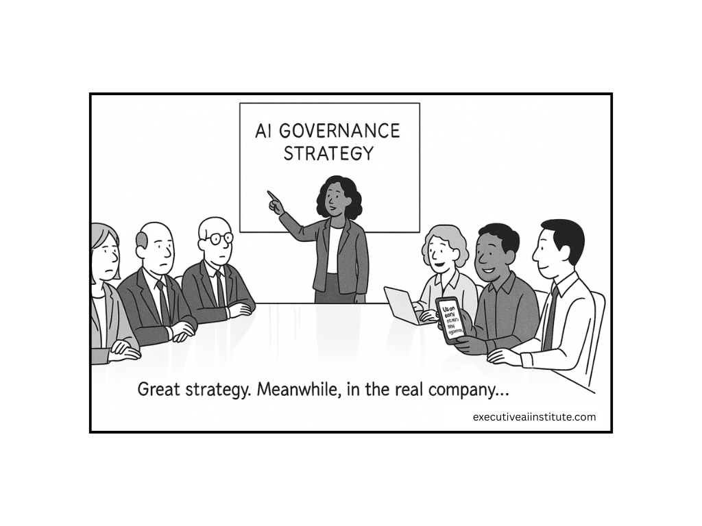 A woman presents "AI Governance Strategy" to a boardroom. A man holds a book titled "We Can’t Be Asleep." Caption reads, "Great strategy."