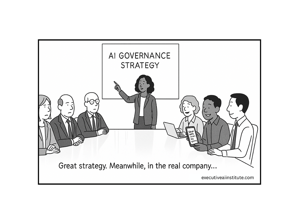 A woman presents "AI Governance Strategy" to a boardroom. A man holds a book titled "We Can’t Be Asleep." Caption reads, "Great strategy."
