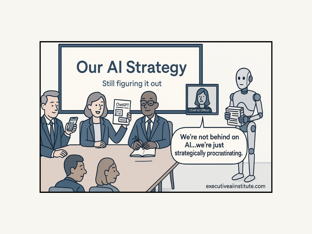 Business meeting cartoon with three people and a robot holding papers. Text on the screen: "Our AI Strategy: Still figuring it out." Speech bubble: "We're not behind on AI...we're just strategically procrastinating."