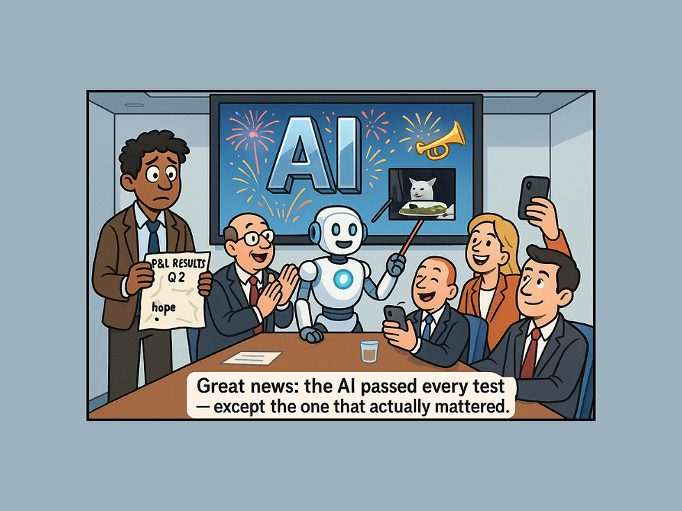 Cartoon of a robot with smiling people in suits in an office. One holds a "P&L Results Q2: hope" paper. Screen shows AI, fireworks. Text: "Great news: the AI passed every test—except the one that actually mattered."