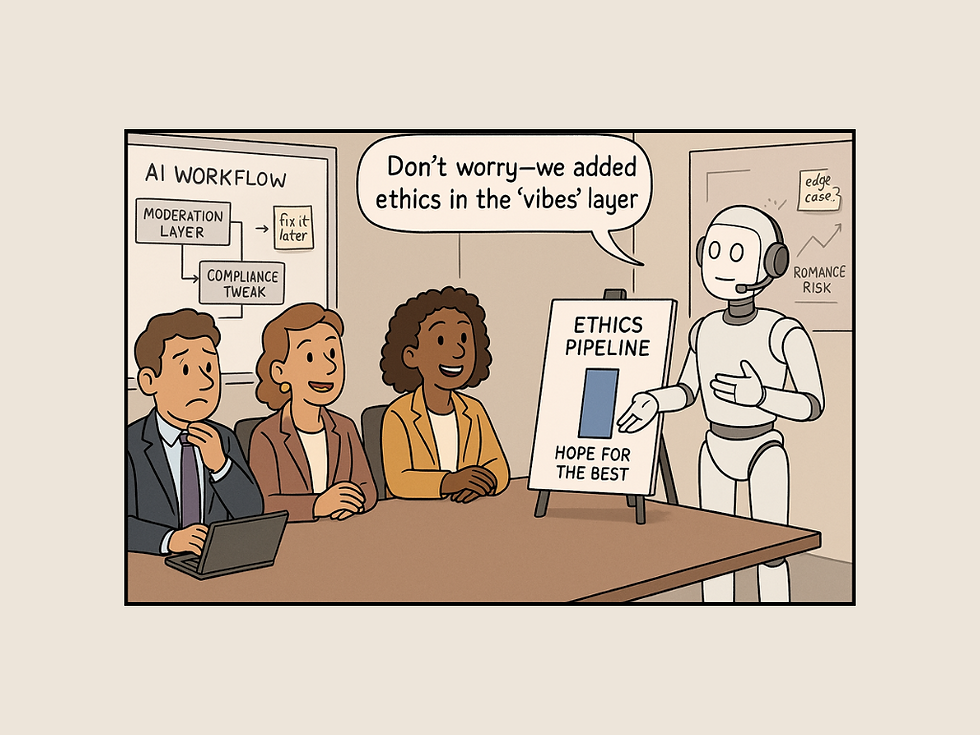 A robot presents an "Ethics Pipeline" chart to three people at a table, saying, "We added ethics in the 'vibes' layer." The mood is humorous.