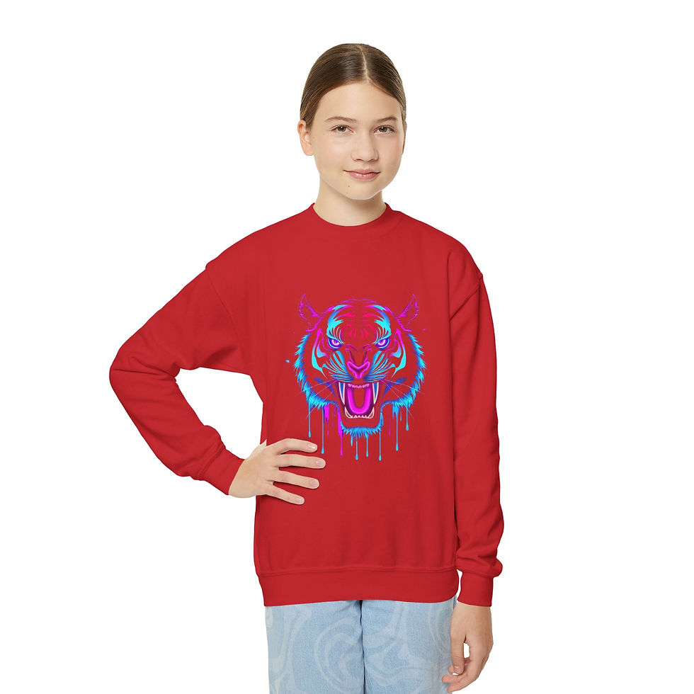 Thumbnail: Neon Tiger Youth Crewneck Sweatshirt | Trendy Graphic Pullover,Animal Sweatshirt