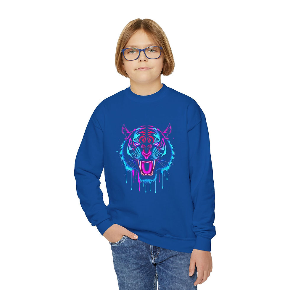 Thumbnail: Neon Tiger Youth Crewneck Sweatshirt | Trendy Graphic Pullover,Animal Sweatshirt