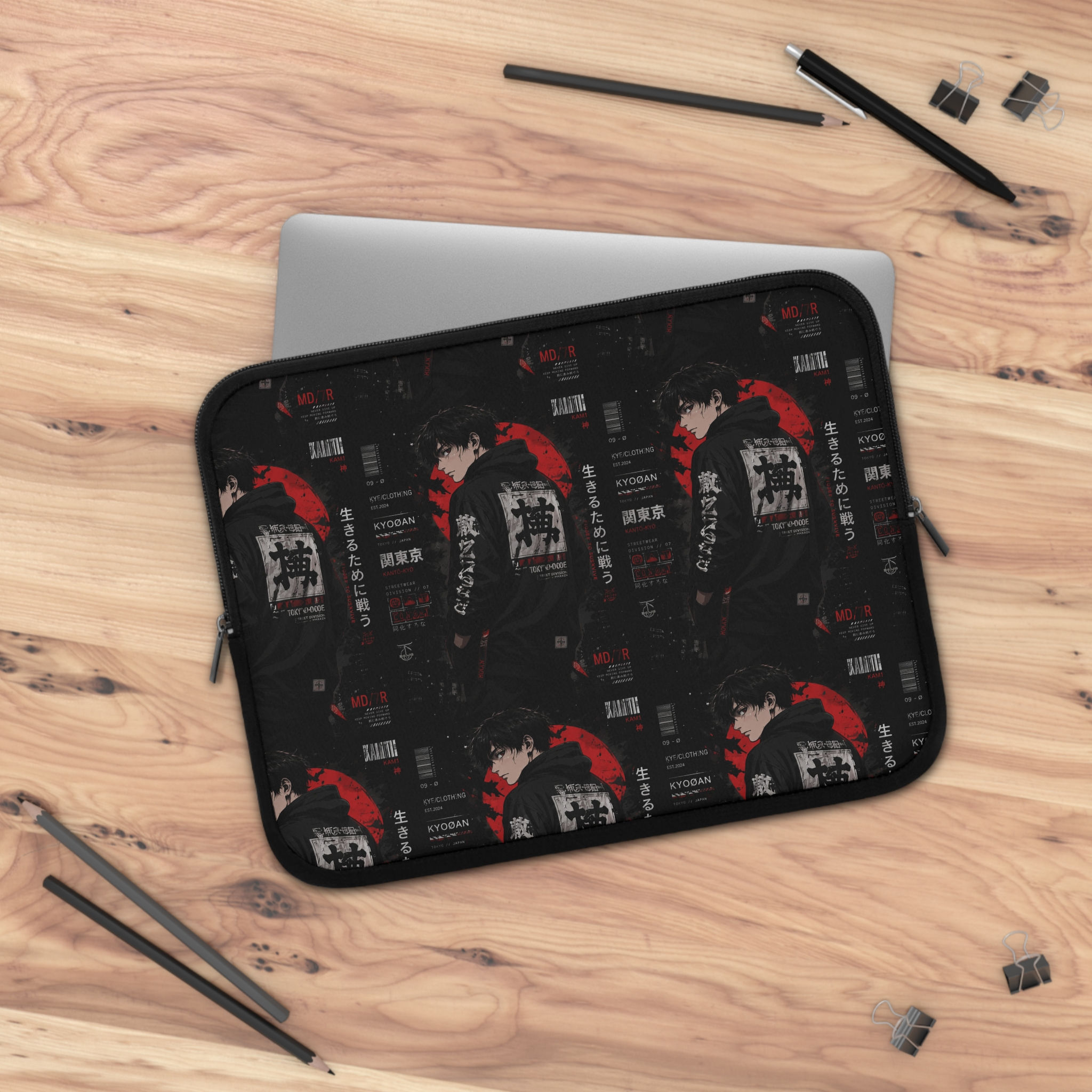 Anime Streetwear Laptop Sleeve — Kanji Jacket Red Moon Design