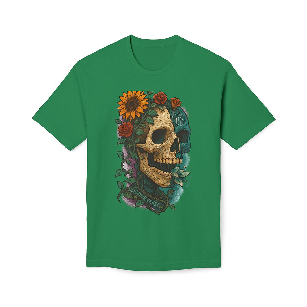 Thumbnail: Floral Skull T-Shirt - Unisex Midweight Graphic Tee, Perfect for Festivals 