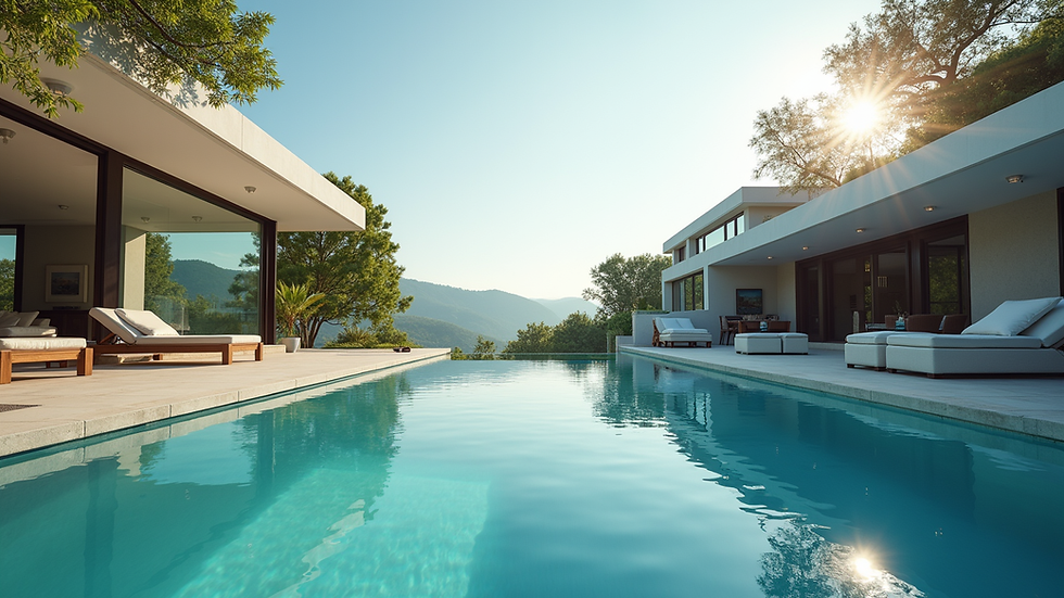 Eye-level view of a luxurious modern home with a swimming pool