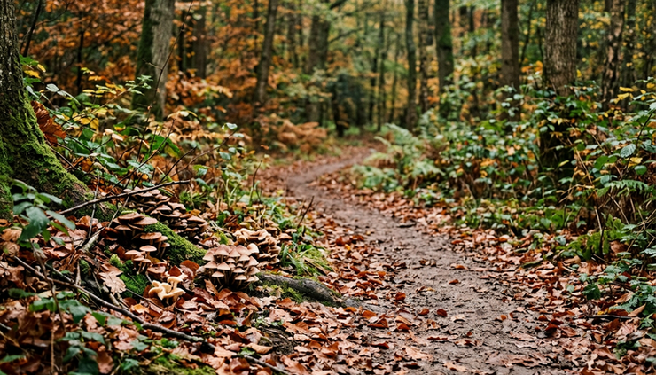 Wide-angle view of a woodland path with autumn leaves and small fungi near the edge.