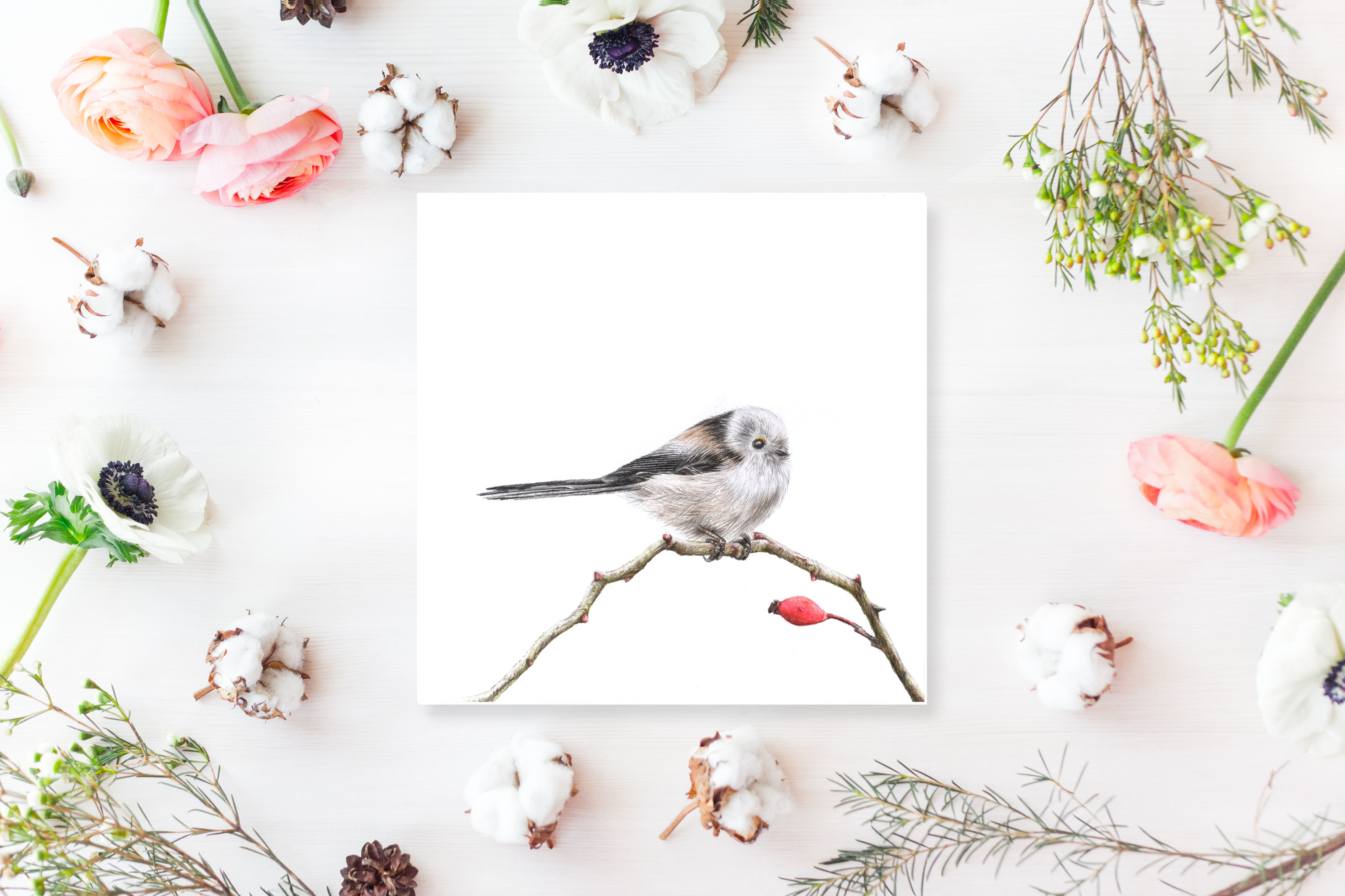 Long-tailed tit greetings card