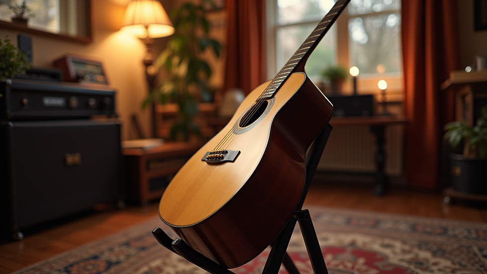 Eye-level view of a guitar resting on a stand in a cozy music studio