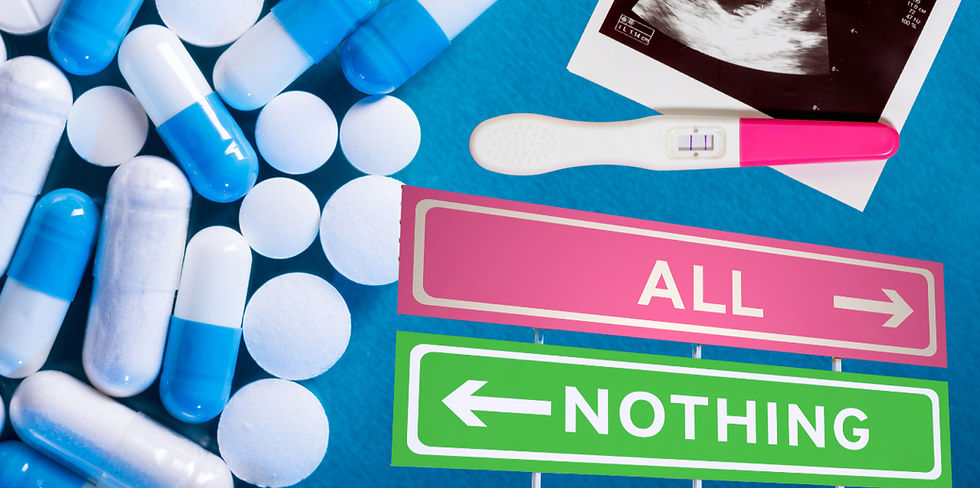 Blue-and-white pills, a positive pregnancy test and ultrasound, plus signs reading ALL and NOTHING on a blue background.