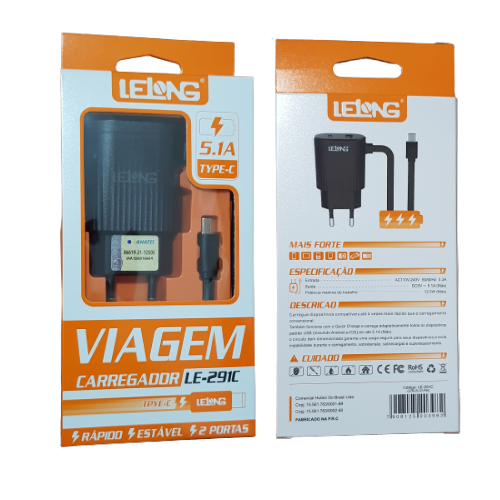 Carregador Celular 2 Portas Tipo C Rápido 5.1A Homologado Anatel Cor: Preto