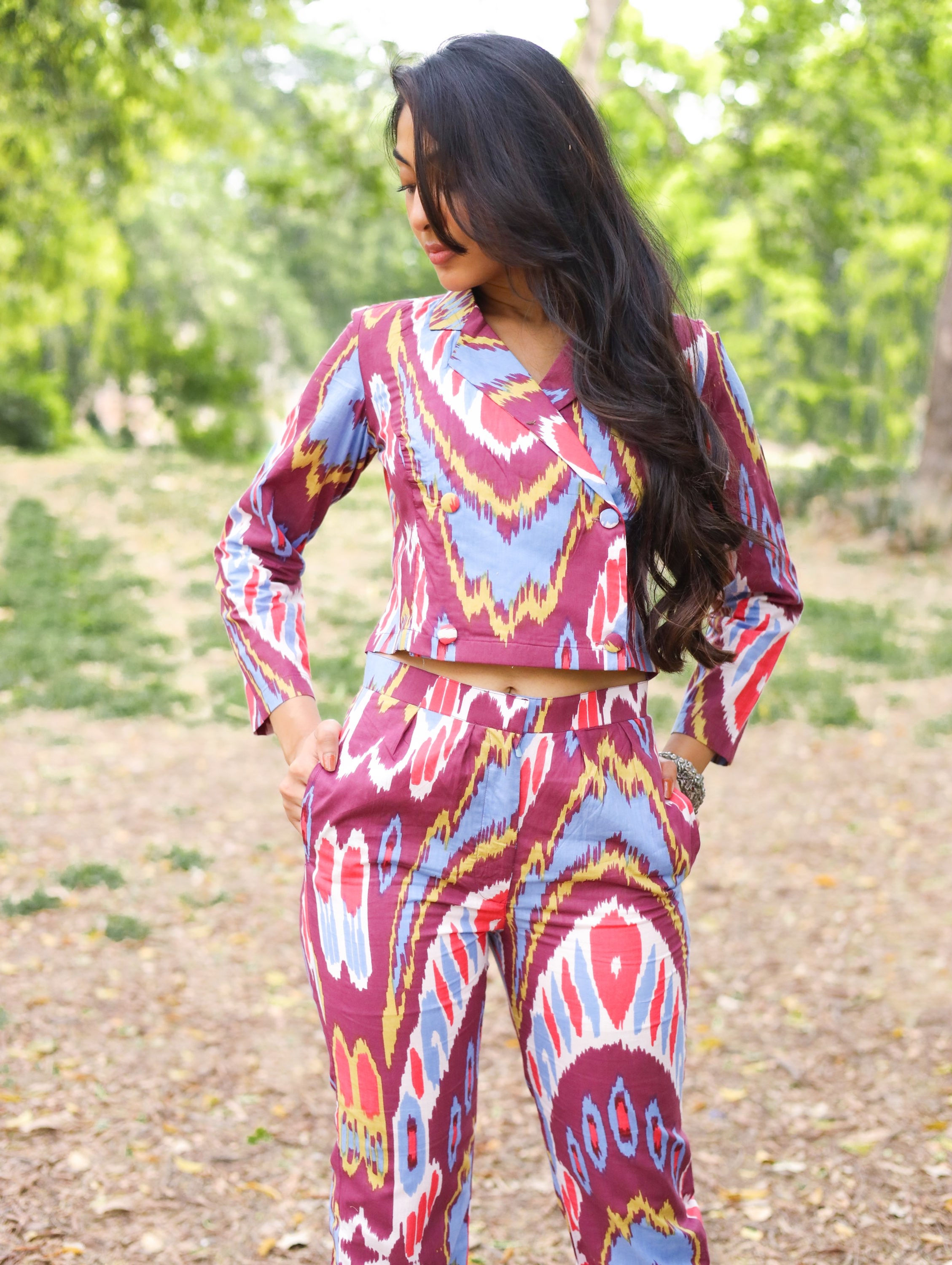 Wine Ikat Cropped Blazer + Pants Set