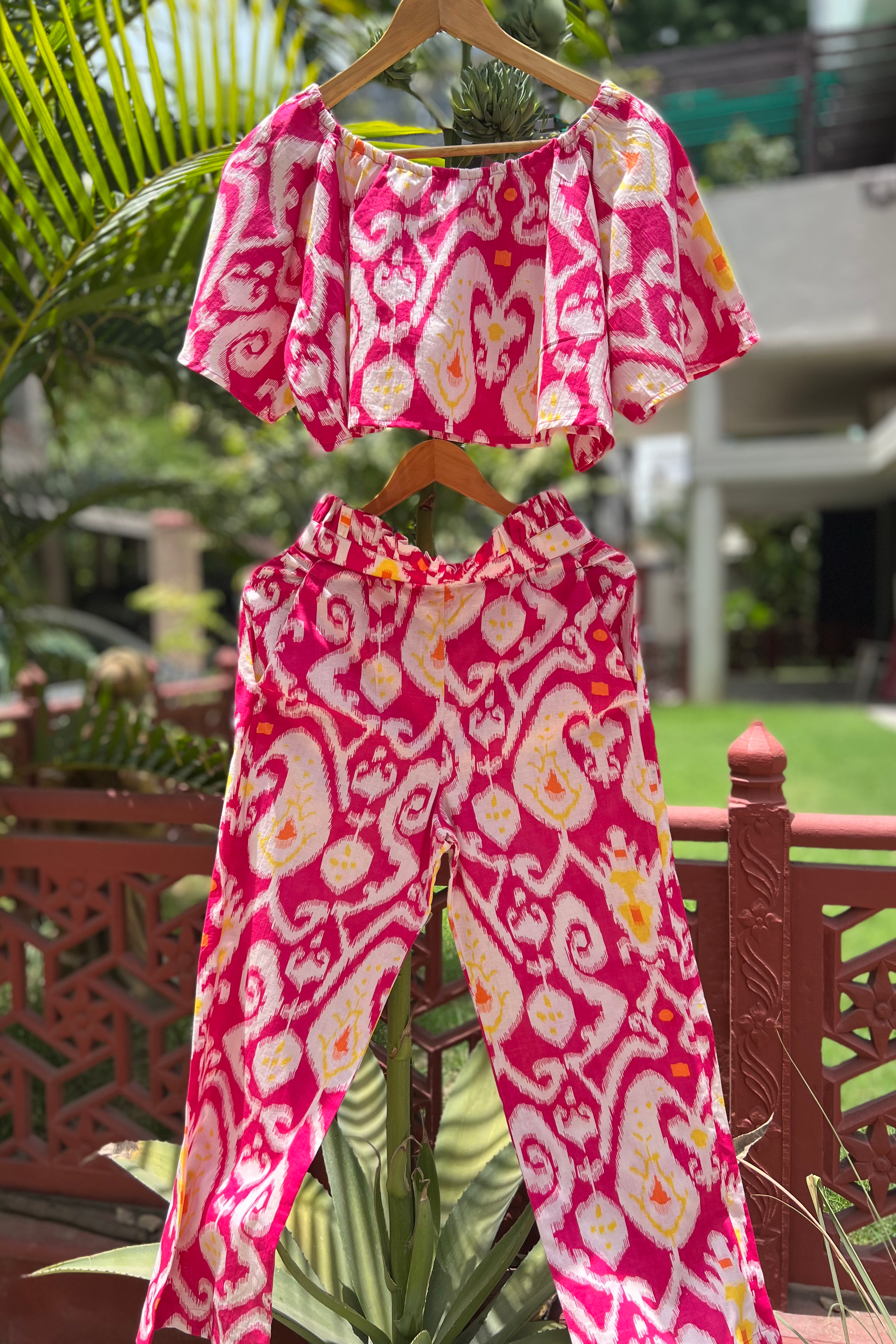 BubbleGum Pink Ikat Bardot Top with Frill Band Pants