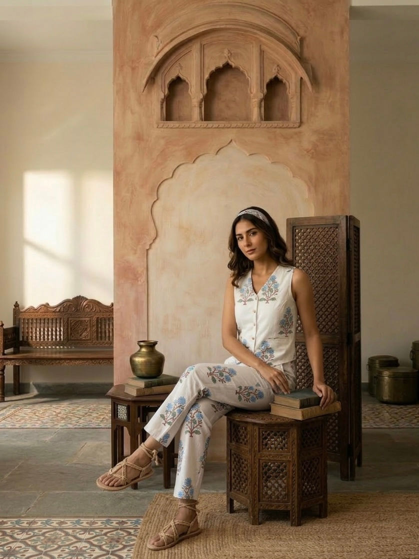 Thumbnail: Big Mughal Motif Waistcoat - Pants Set