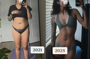 Transformation comparison, 2021 to 2025, shows fitness progress. Neesh Nutrition, wellness coach online about page.