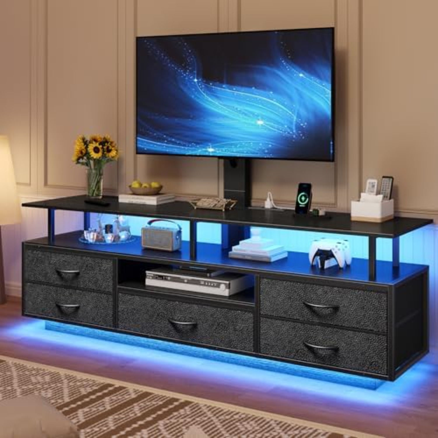 LED TV Stand with Mount for Living Room, 55, 60, 70 TV, 6 Drawers | Black 51.2" 