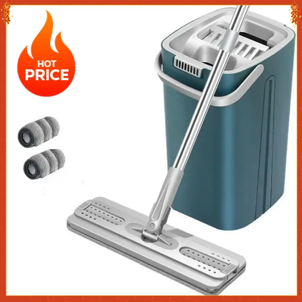 Thumbnail: Hand Free Flat Floor Mop and Bucket Set Indoor Kitchen Cleaning Tool Microfiber 