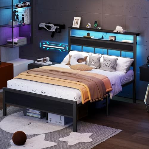 Thumbnail: Full Size Bed Frame, Storage Headboard, LED & Charger, Black Oak | Metal Platfor