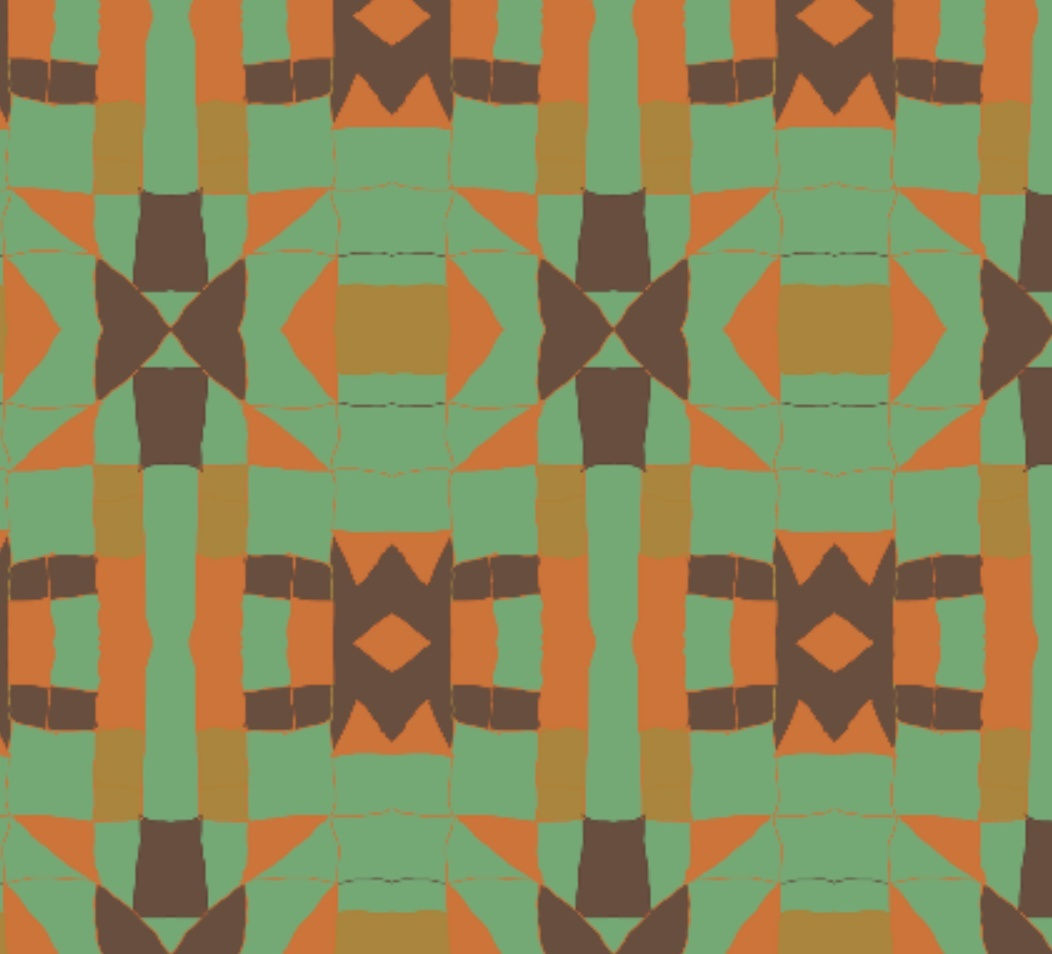 Ikat Green fabric pattern has geometric design with brown, green and orange colours