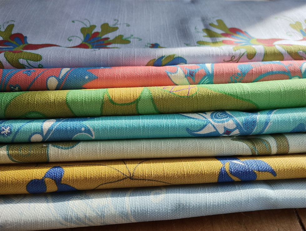 Thumbnail: The fun Leafy Wonder fabric pattern is a mixture of geometric and floral motifs lined playfully in rows. 