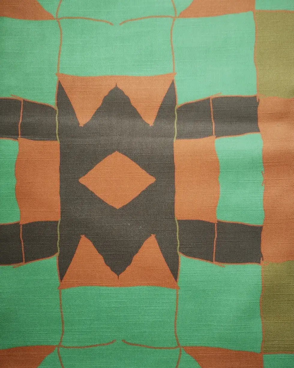 Thumbnail: Ikat Green fabric pattern print geometric design brown green orange colours cotton velvet canvas