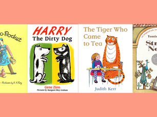 Book covers for Katy No-Pocket, Harry the Dirty Dog, The Tiger Who Came to Tea, and Strega Nona