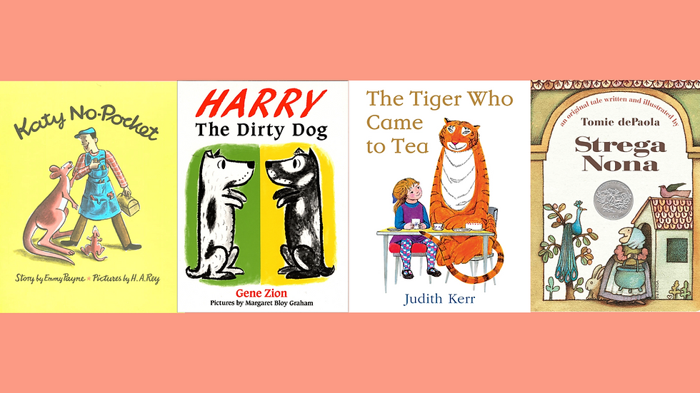 Book covers for Katy No-Pocket, Harry the Dirty Dog, The Tiger Who Came to Tea, and Strega Nona