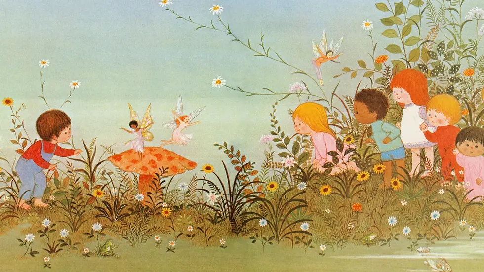 Gyo's gentle, richly saturated paintings convey sweet scenes of childhood from the perspective of a diverse range of subjects. Illustration from Gyo Fujikawa’s A to Z Picture Book.