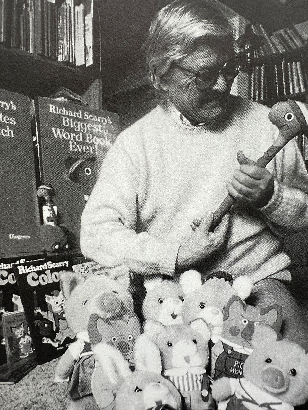Richard Scarry with some of the Busytown merchandise he licensed internationally. (Yes we want all of it!)