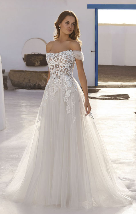 Bride Wearing Enola by Enzoani Love - romantic A-line organza wedding dress with 3D floral lace and detachable off-shoulder straps, available at Elizabeth Kate Bridal, Lincolnshire.