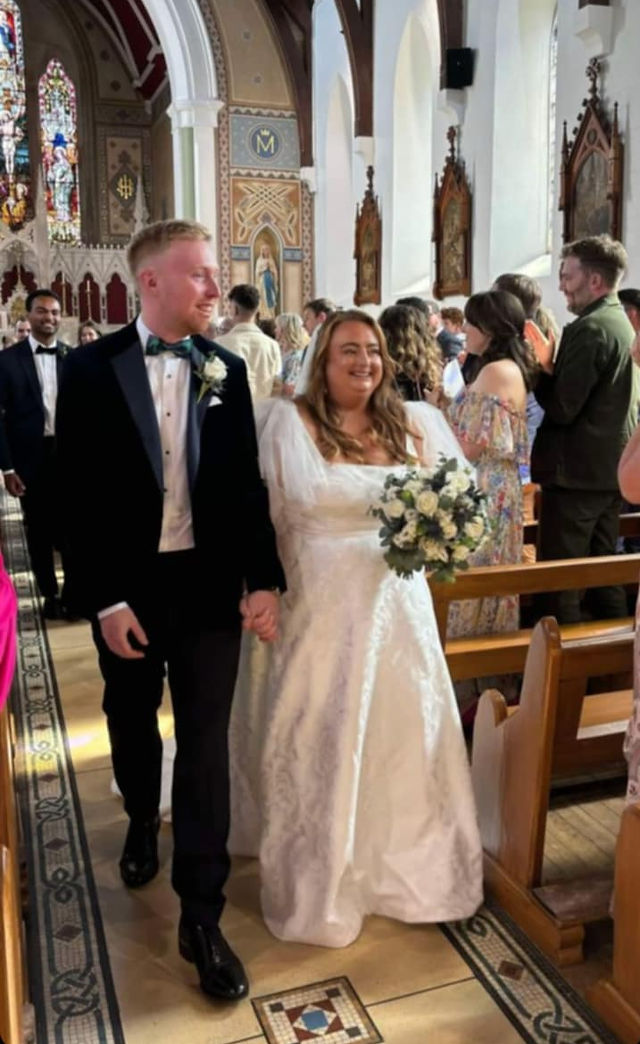 Real Elizabeth Kate bride wearing Rebecca Ingram wedding dress
