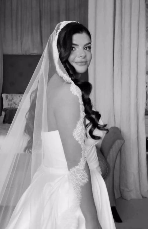 Coral in Eva Lendel Lika wedding dress at Hodsock Priory - plain mikado fitted dress with bespoke veil and detachable overskirt