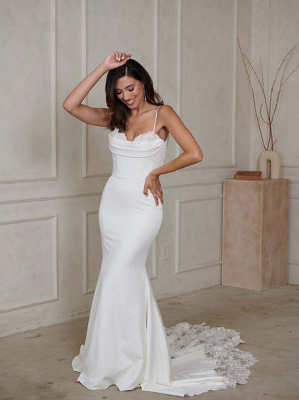 Bride Wearing Serene By Madi Lane Logan Crepe Fitted Wedding Dress with Cowl Back from Elizabeth Kate Crowle North Lincolnshire