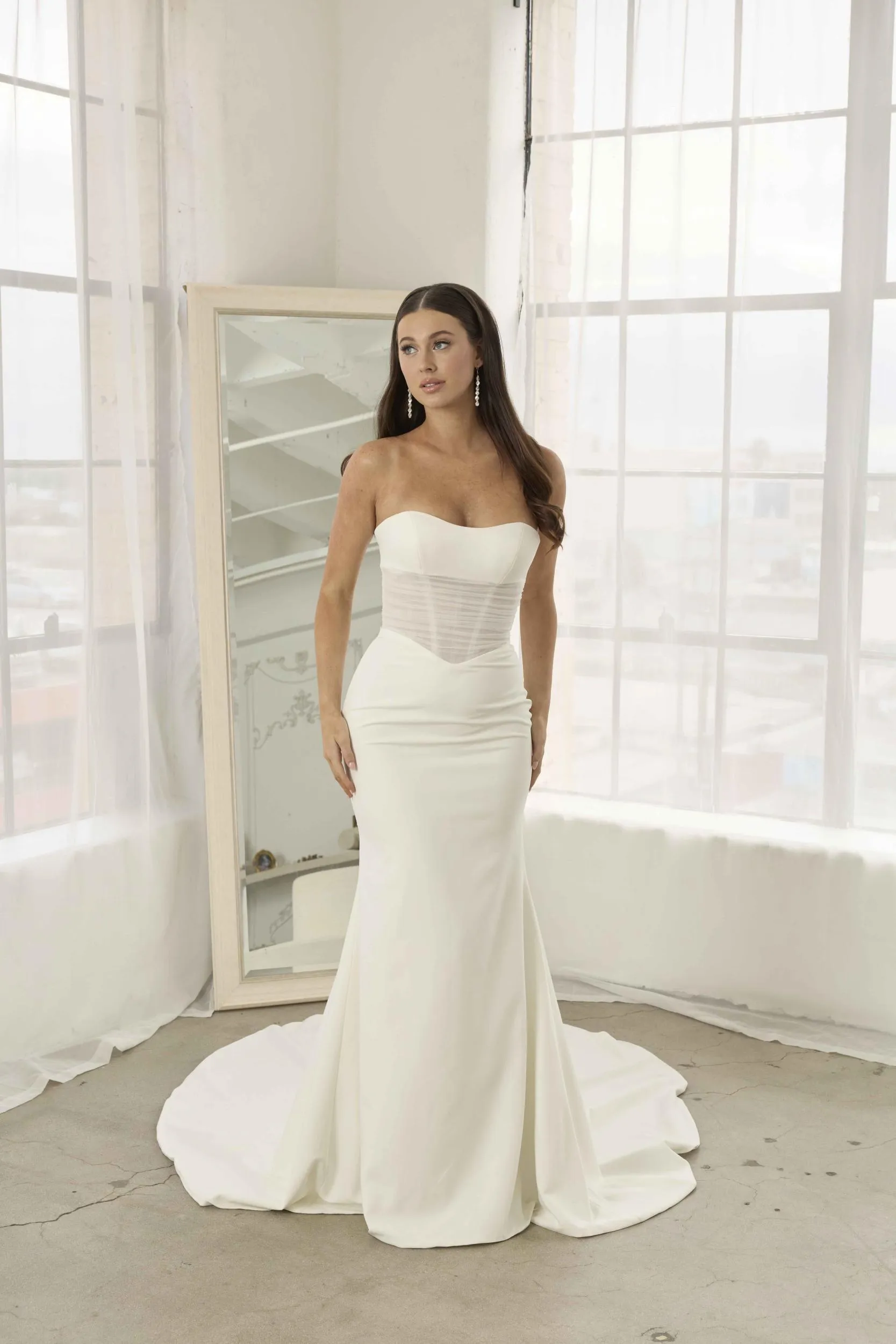 Serene Roman wedding dress with detachable sleeves and skirt at Elizabeth Kate Bridal Crowle Lincolnshire