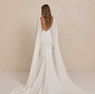 Close-up of iconic MWL low back wedding dress detail at Elizabeth Kate Bridal in Crowle, Lincolnshire - Made With Love bridal gown showing signature buttery French crepe and plunging back