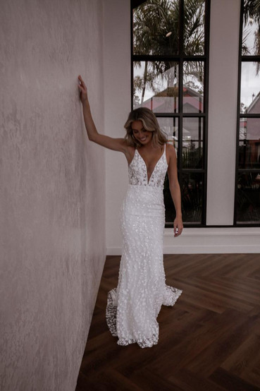 Bride wearing fitted lace Made With Love Elliot wedding dress from Elizabeth Kate Crowle Scunthorpe