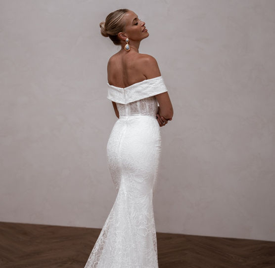 Bride wearing made with Love Pia Off the shoulder Wedding dress from Elizabeth Kate Crowle Lincolnshire