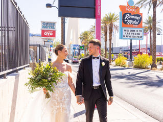 Real bride Chloe wearing her nude bridal gown with double-layer train from Elizabeth Kate Bridal, South Yorkshire, at Chapel of the Flowers, Las Vegas