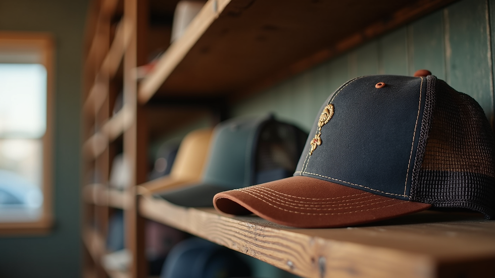 Eye-level view of vintage trucker hats displayed on wooden shelf