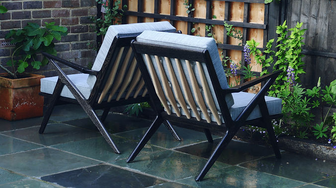 Handmade ebonised Oak Z chair pair with grey cushions