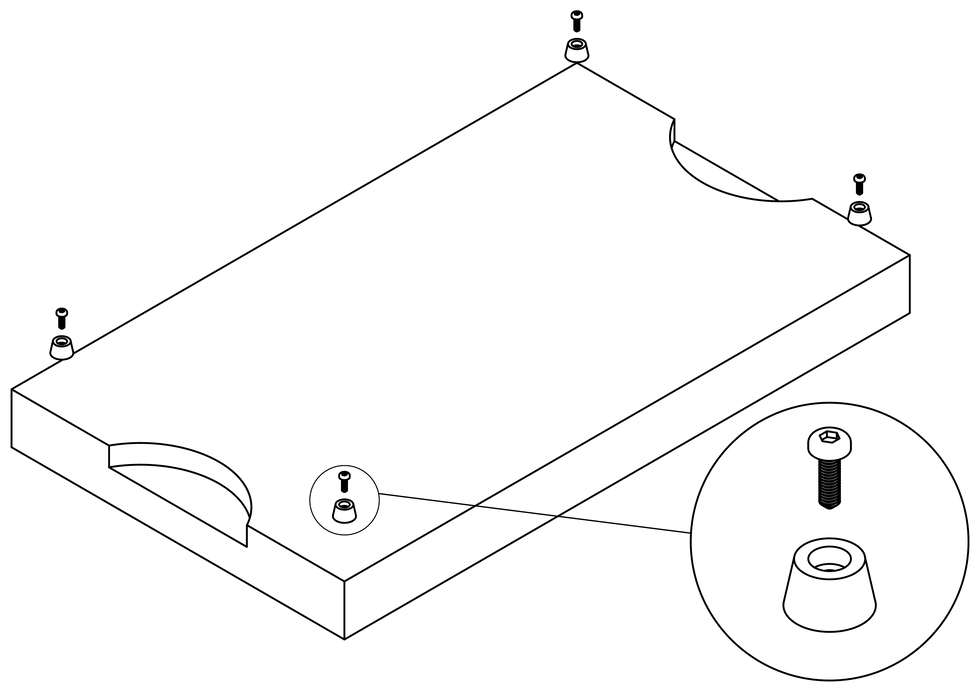 Line drawing of how feet are attached to an end grain chopping board.