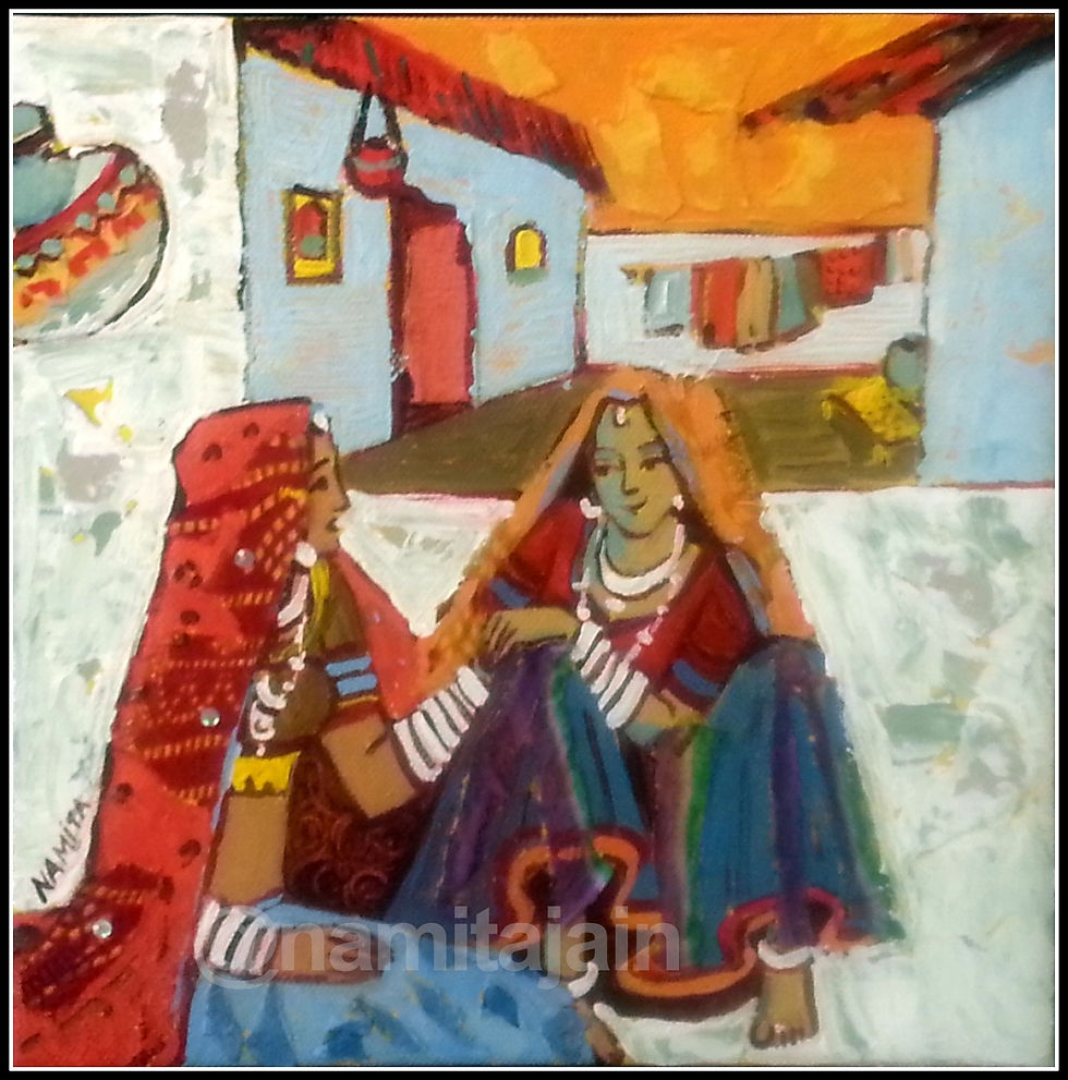 Chitchat_in_the_Courtyard_12x_12Framed_Acrylic_&_Mixed_Media