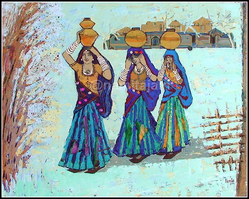 Carrying_water_24x_30_Framed_Acrylic_&_Mixed_Media__