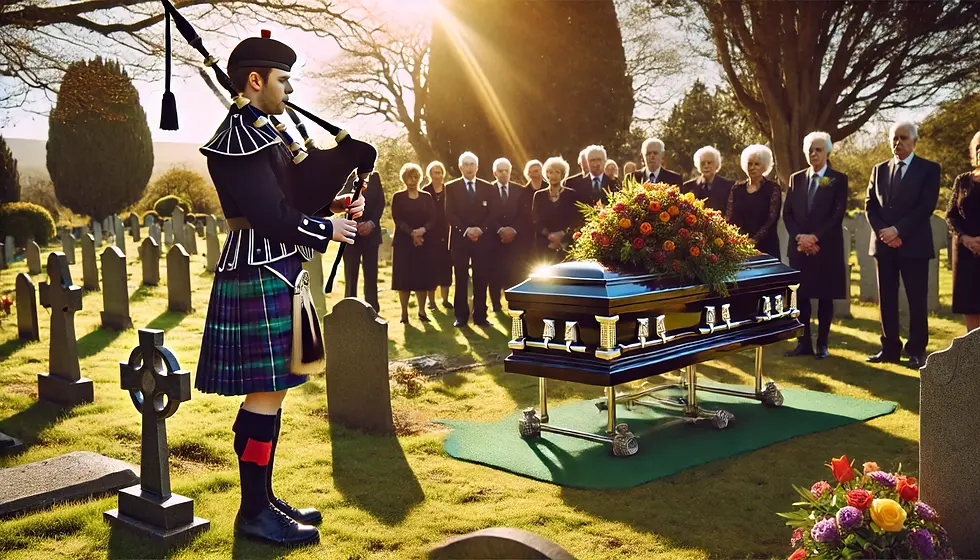 A bagpiper playing at a gravesite funeral service