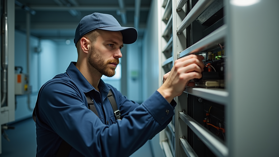 Eye-level view of a technician installing an HVAC system