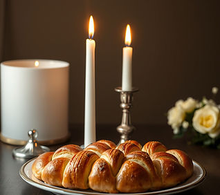 two candle stick with candles and platted challah.jpg