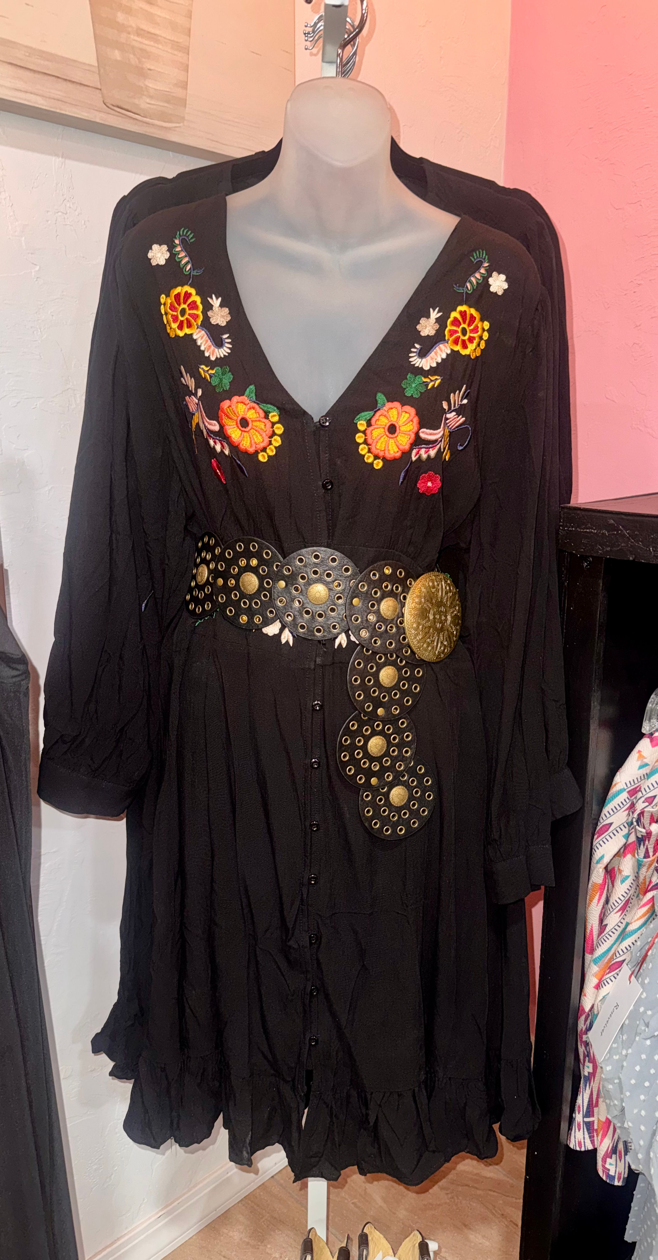 Plus Size Long Sleeve Button Up Embroidery Dress