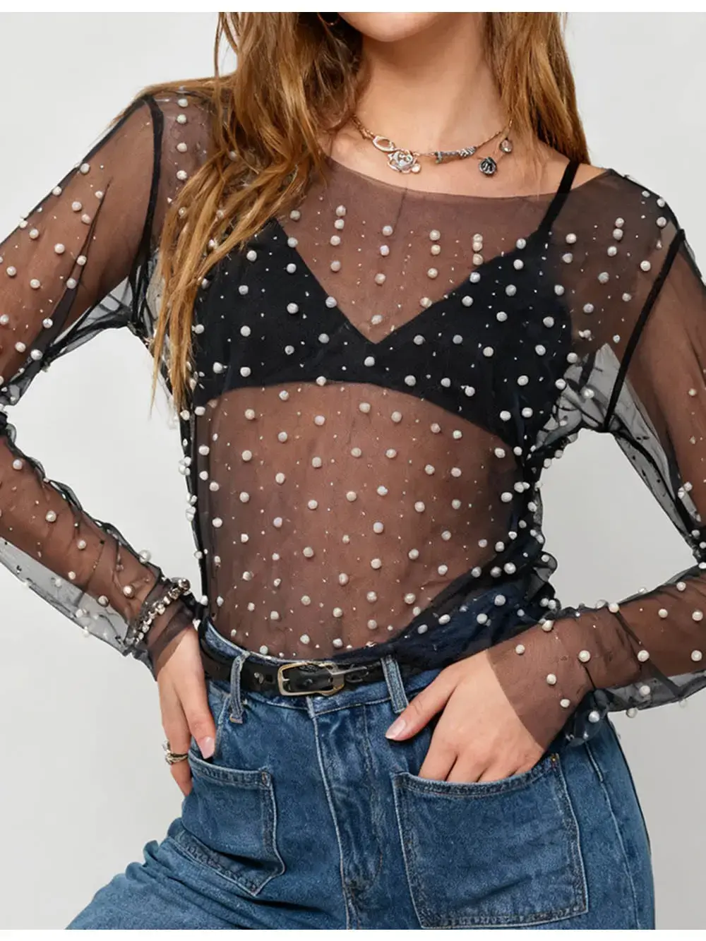 Pearl Rhinestone Studded See Through Mesh Cropped Top